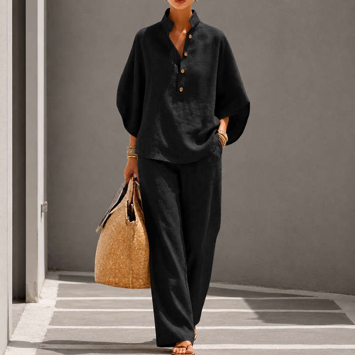 Ensemble Haut à Col Boutonné et Pantalon Large Pour Femme