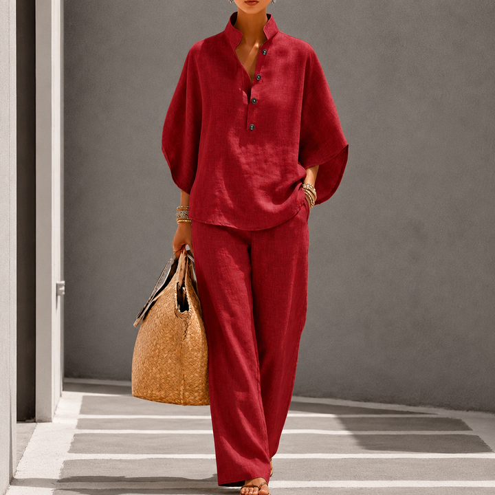 Ensemble Haut à Col Boutonné et Pantalon Large Pour Femme