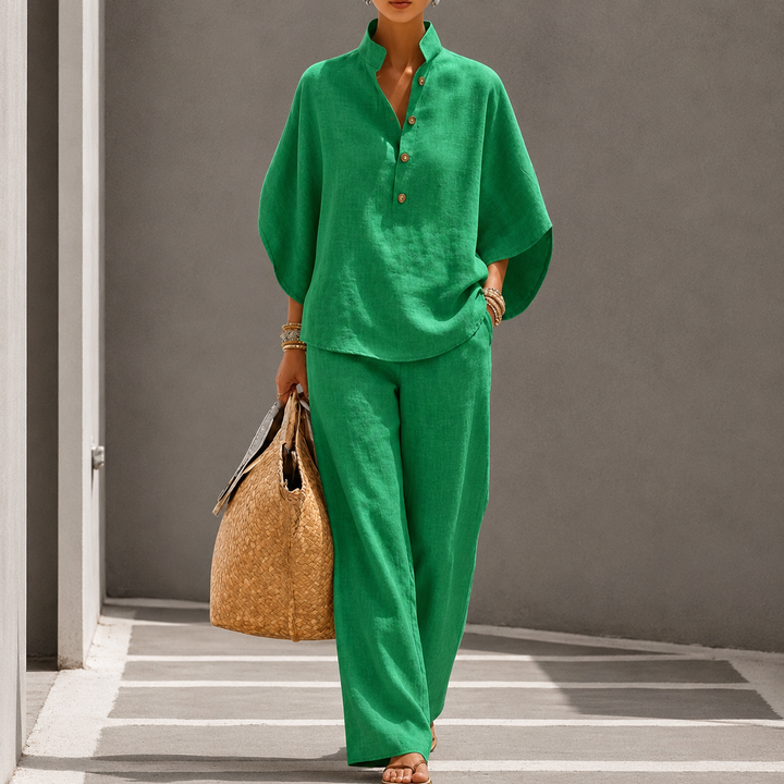 Ensemble Haut à Col Boutonné et Pantalon Large Pour Femme