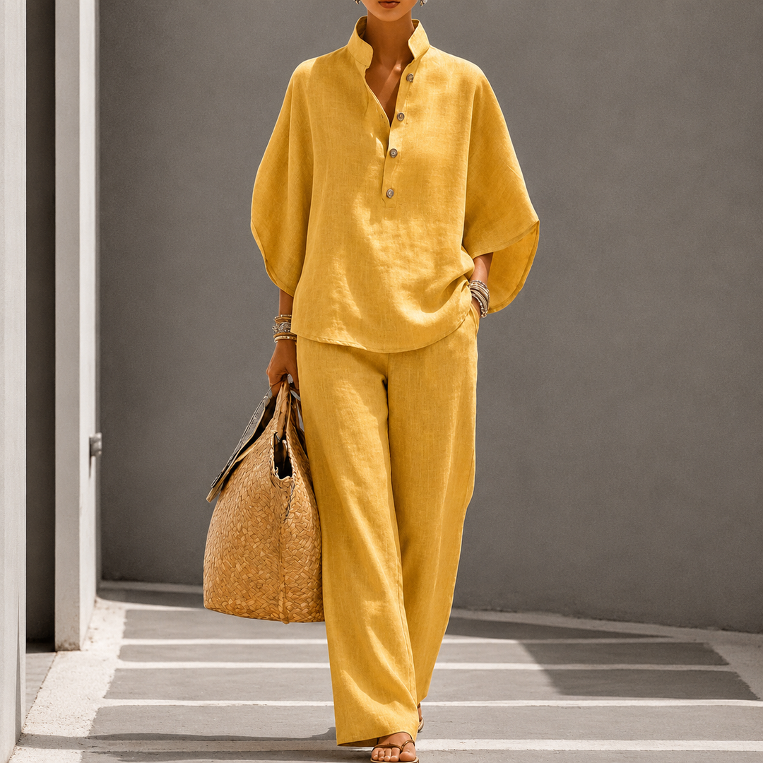 Ensemble Haut à Col Boutonné et Pantalon Large Pour Femme