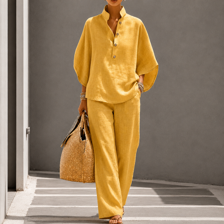 Ensemble Haut à Col Boutonné et Pantalon Large Pour Femme