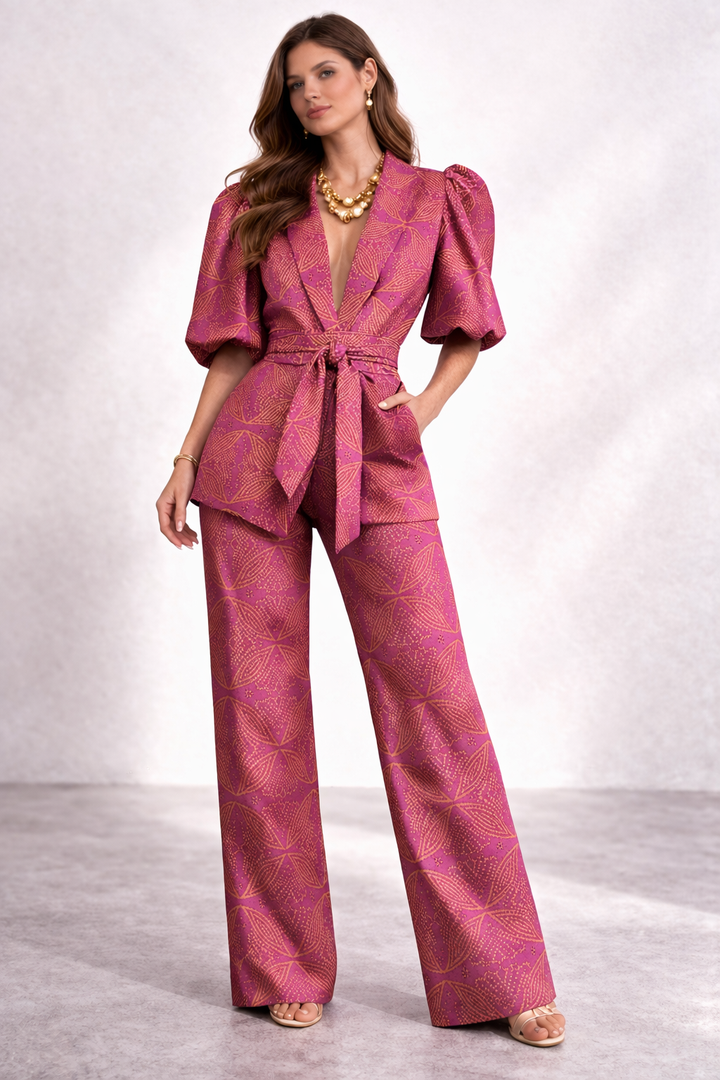 Women's Printed Jumpsuit with Puff Sleeves and Wide Legs