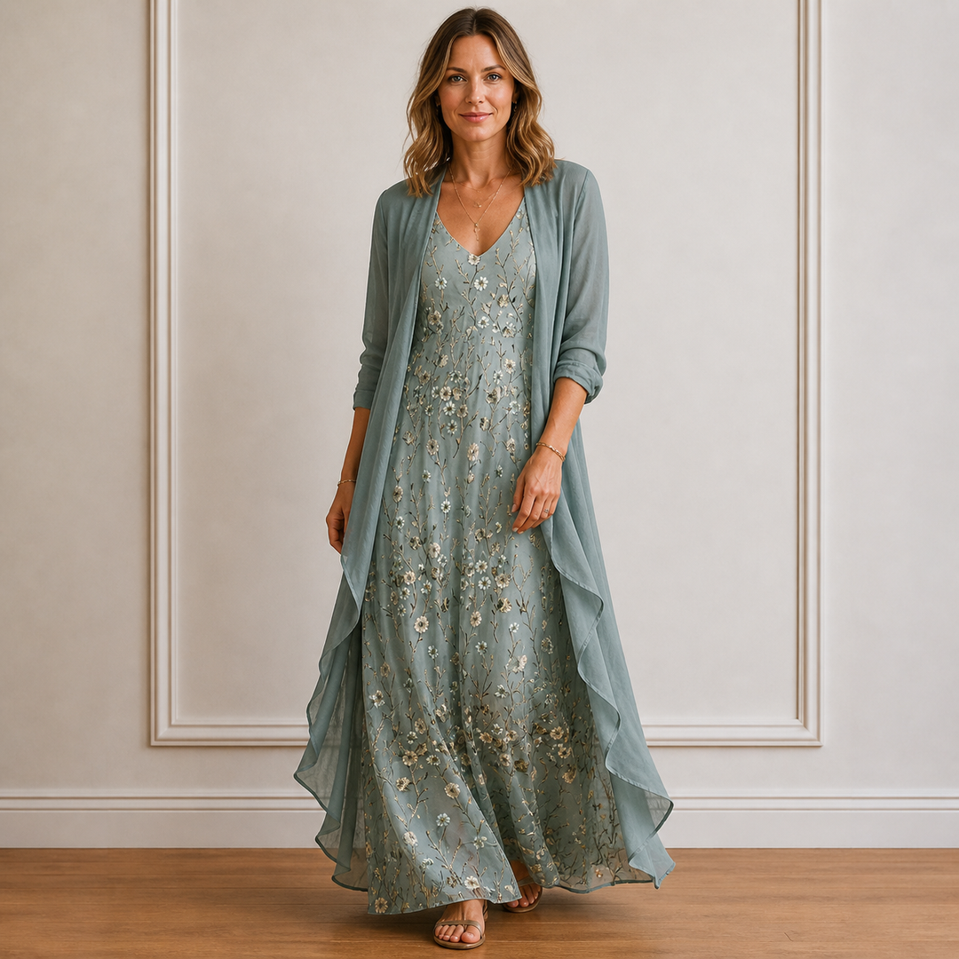 Robe Longue Fleurie Femme avec Kimono Léger