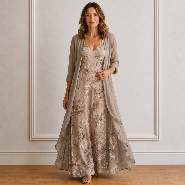 Robe Longue Fleurie Femme avec Kimono Léger