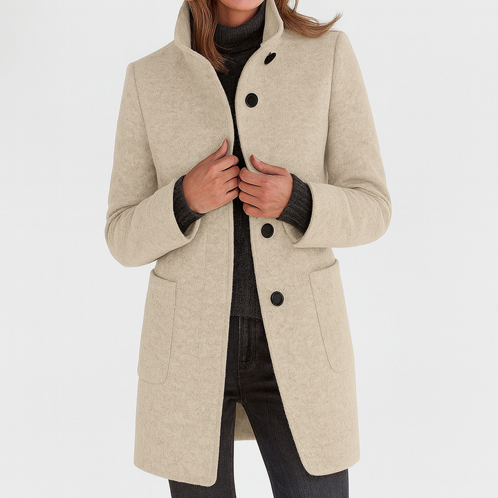 Manteau Femme Col Montant Boutons Mi-Long