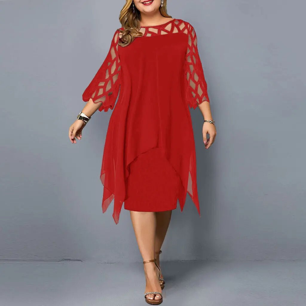 Robe Midi Dentelle Manches 3/4 Pour Femme