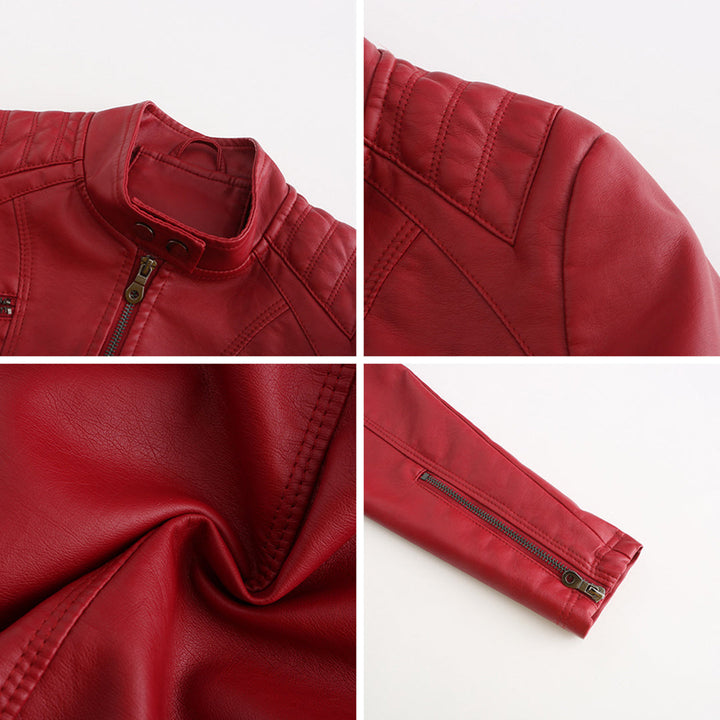 Chaqueta de polipiel para mujer, corte entallado y cuello alto