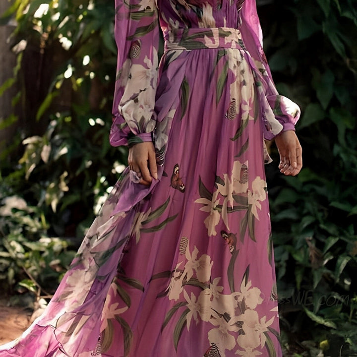 Vestido largo bohemio para mujer con estampado floral y lazo en la cintura