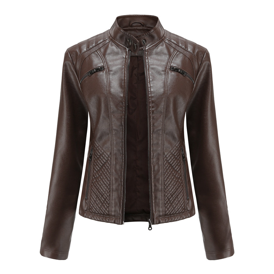 Chaqueta de polipiel para mujer, corte entallado y cuello alto
