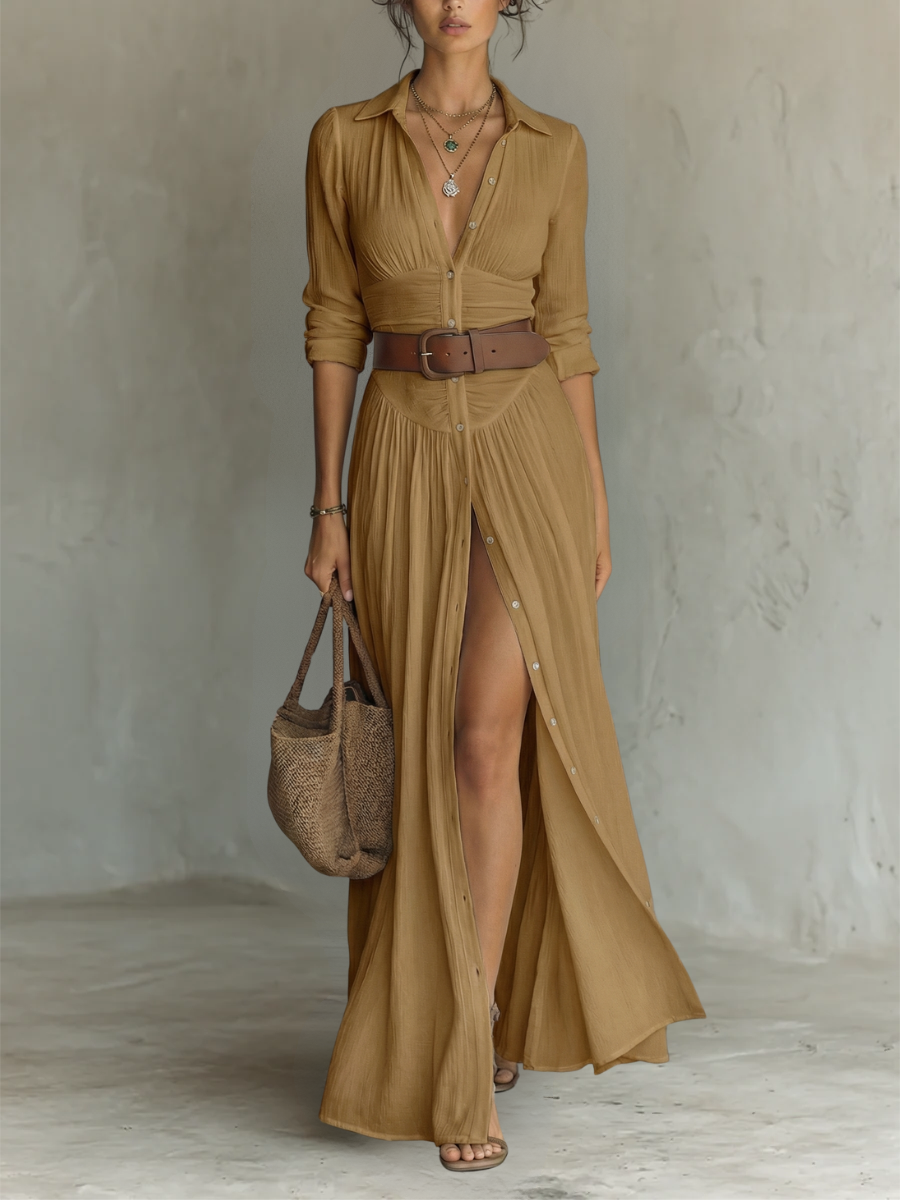 Women's Long Split Dress with V-Neck and Front Buttoning