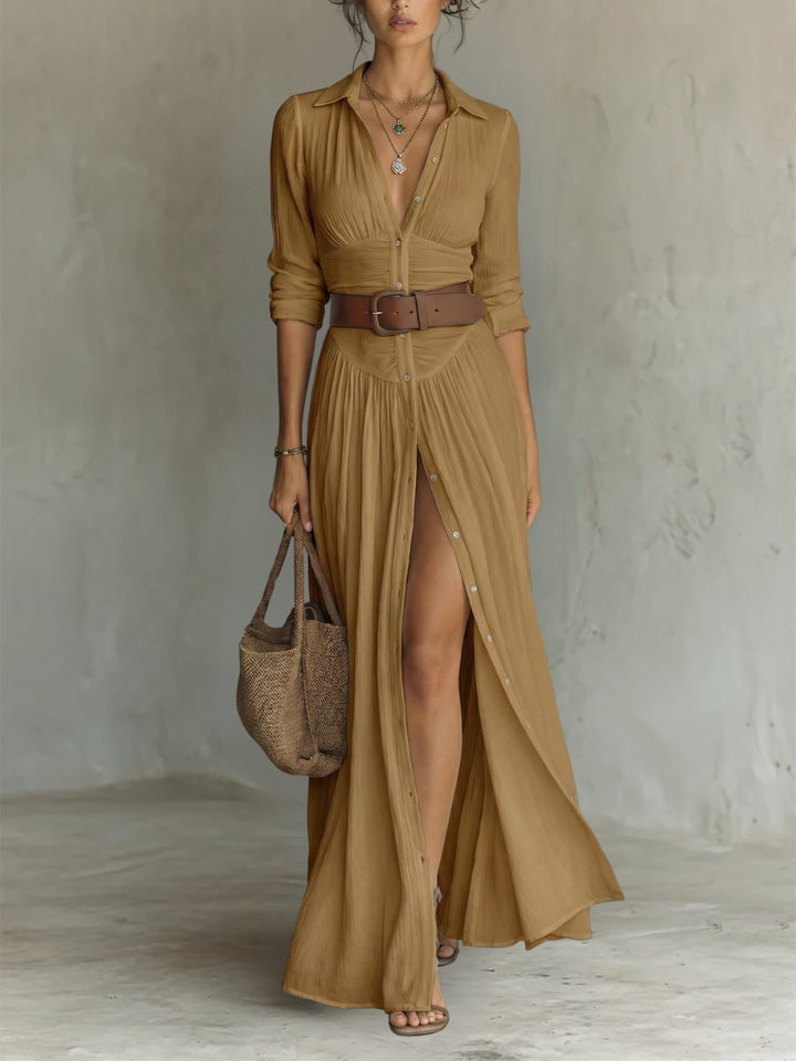Women's Long Split Dress with V-Neck and Front Buttoning