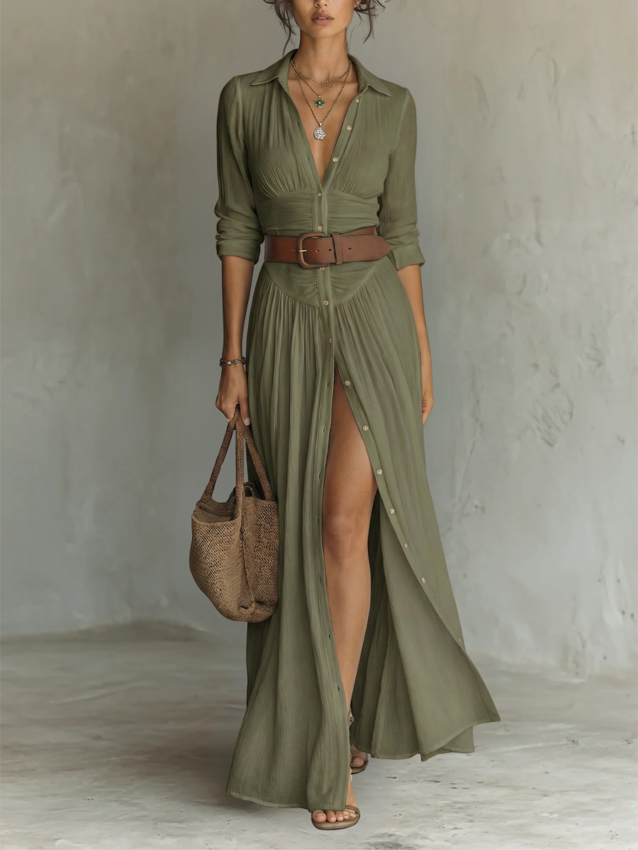 Women's Long Split Dress with V-Neck and Front Buttoning