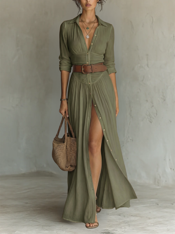 Women's Long Split Dress with V-Neck and Front Buttoning