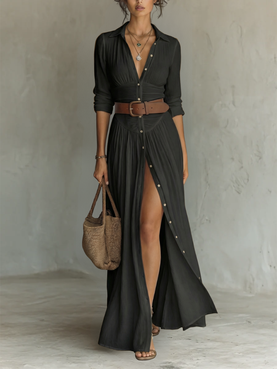 Women's Long Split Dress with V-Neck and Front Buttoning