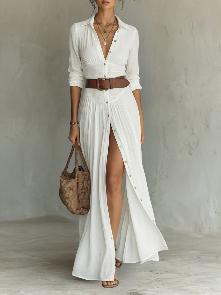Women's Long Split Dress with V-Neck and Front Buttoning