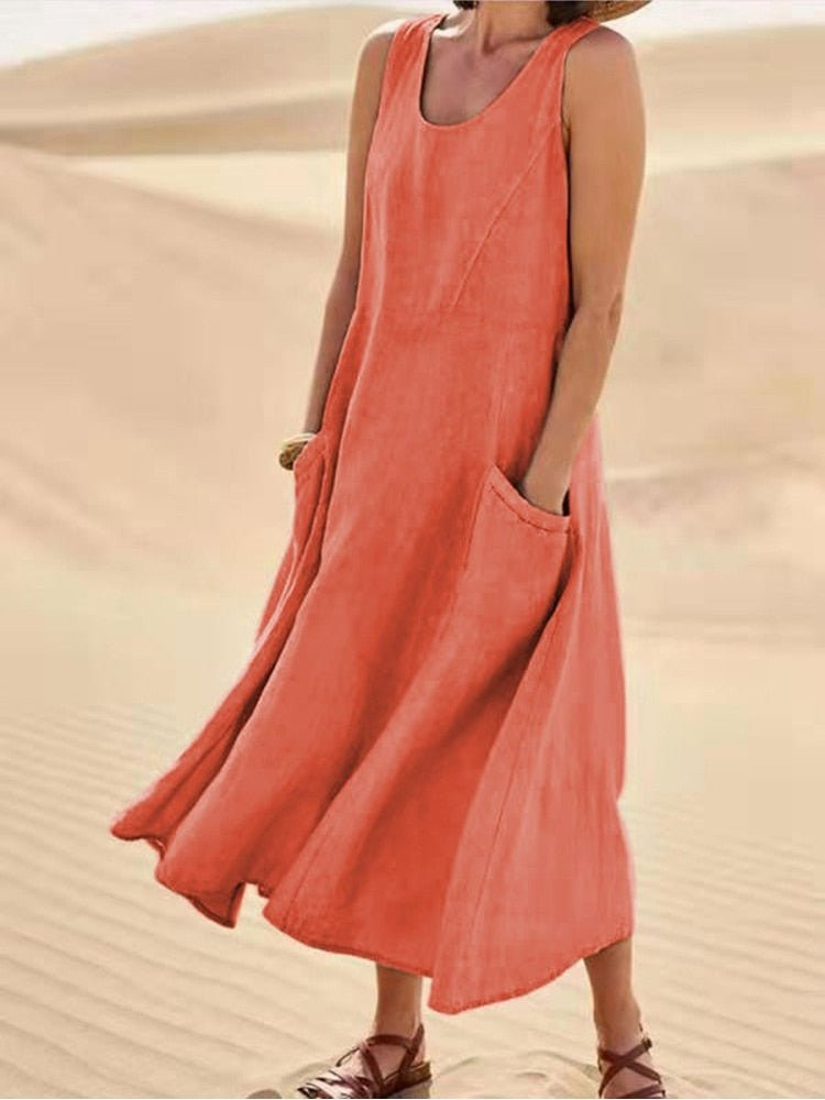 Robe Midi Lin Femme Sans Manches Été