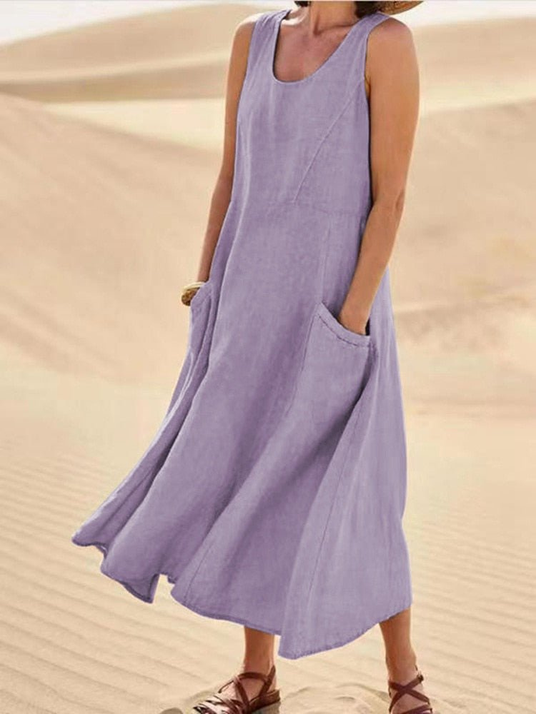 Robe Midi Lin Femme Sans Manches Été