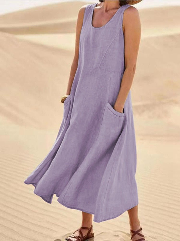 Robe Midi Lin Femme Sans Manches Été