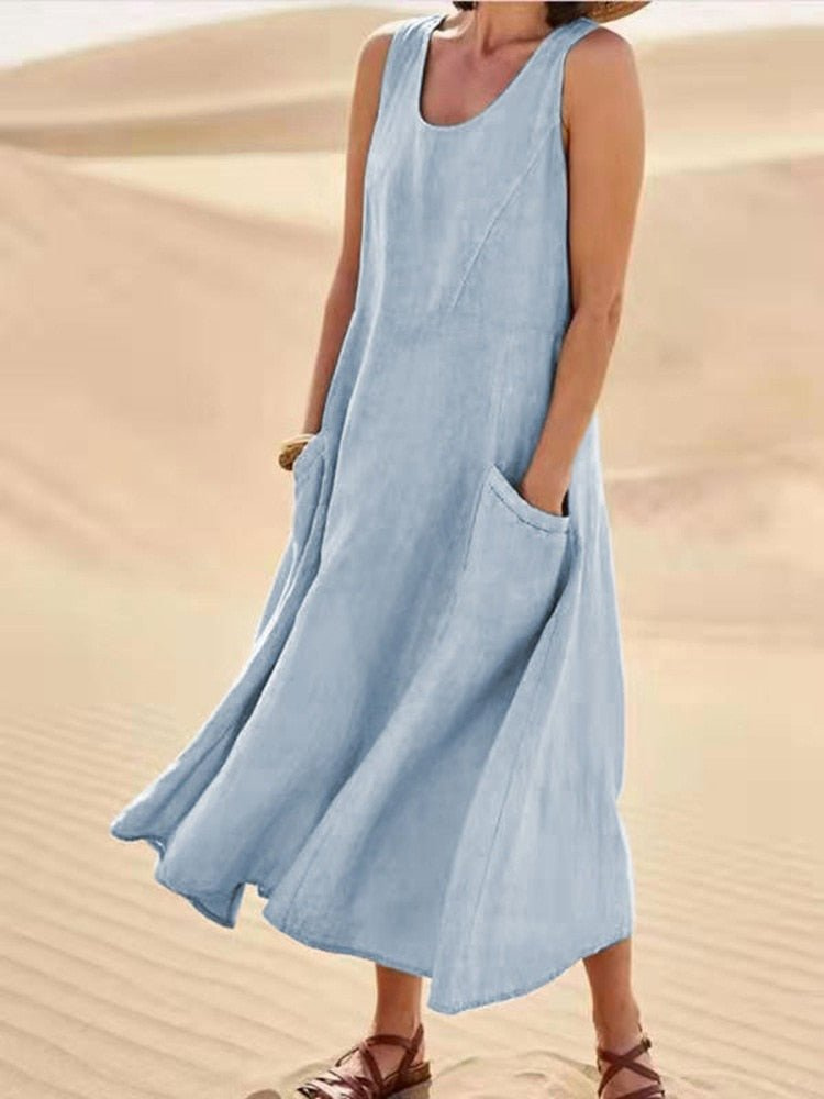 Robe Midi Lin Femme Sans Manches Été