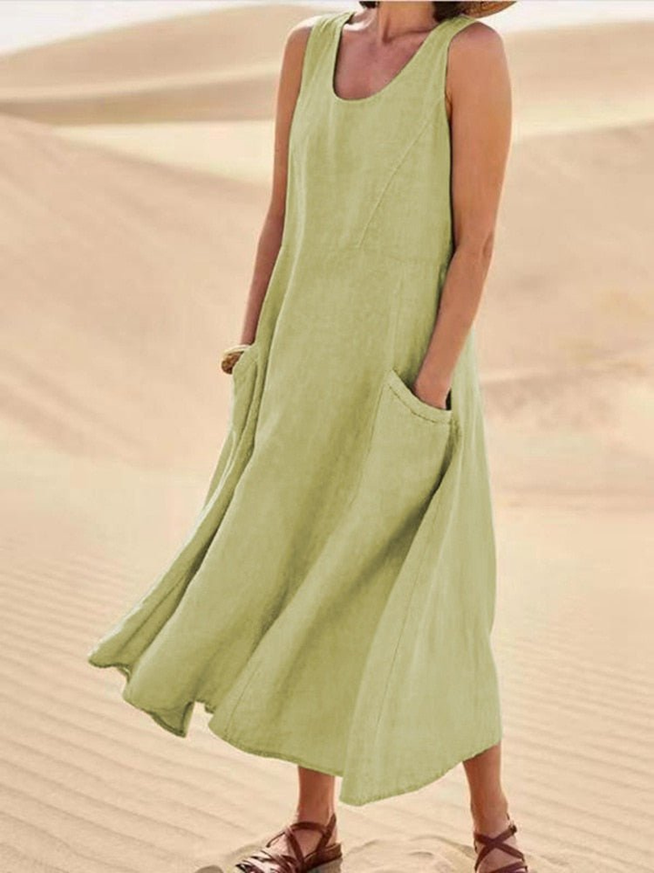 Robe Midi Lin Femme Sans Manches Été
