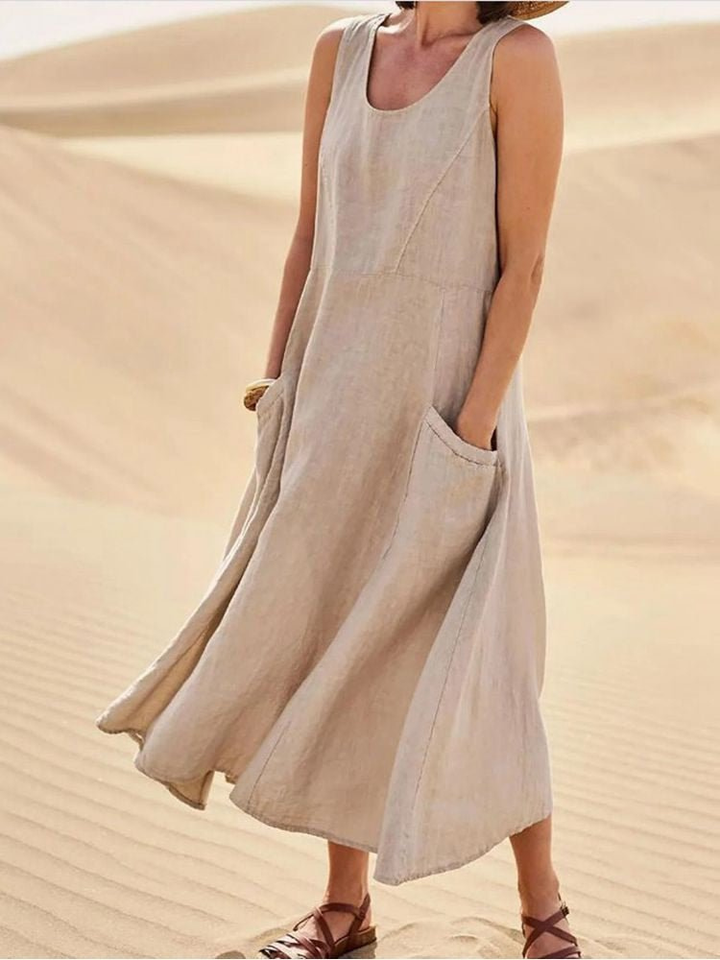 Robe Midi Lin Femme Sans Manches Été