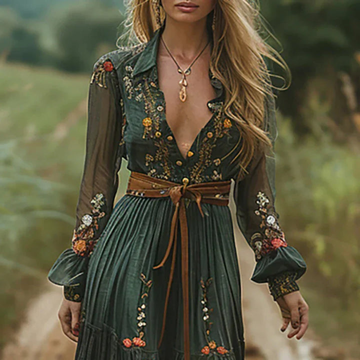 Robe Maxi Bohème Brodée Femme Ceinture Nouable