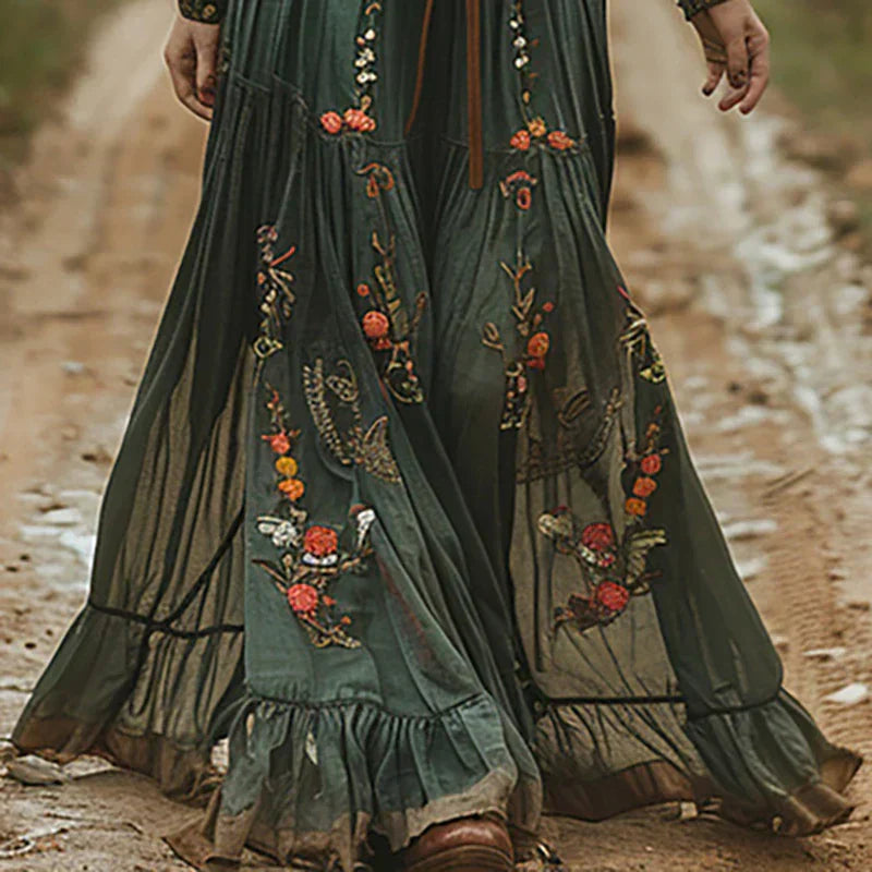 Robe Maxi Bohème Brodée Femme Ceinture Nouable