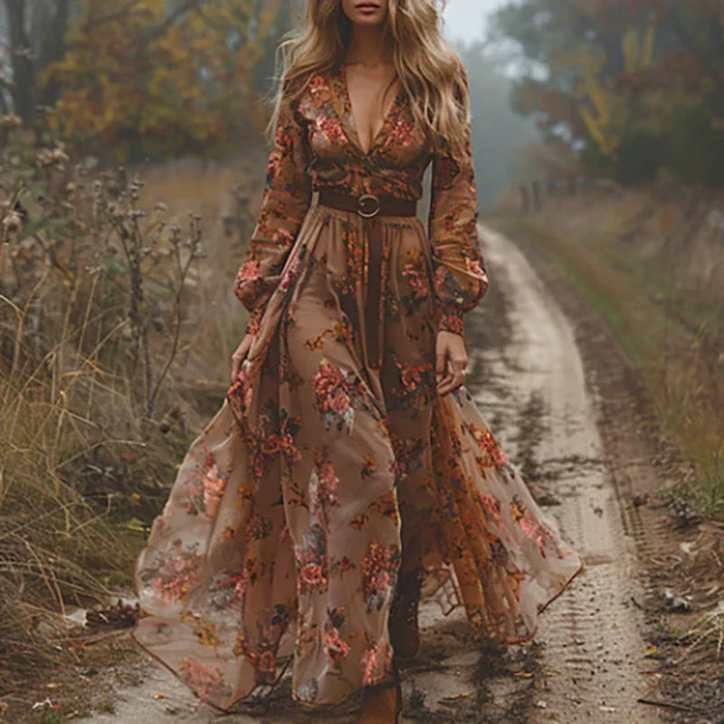 Robe Maxi Bohème Brodée Femme Ceinture Nouable
