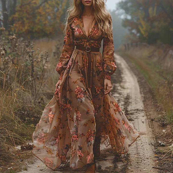 Robe Maxi Bohème Brodée Femme Ceinture Nouable