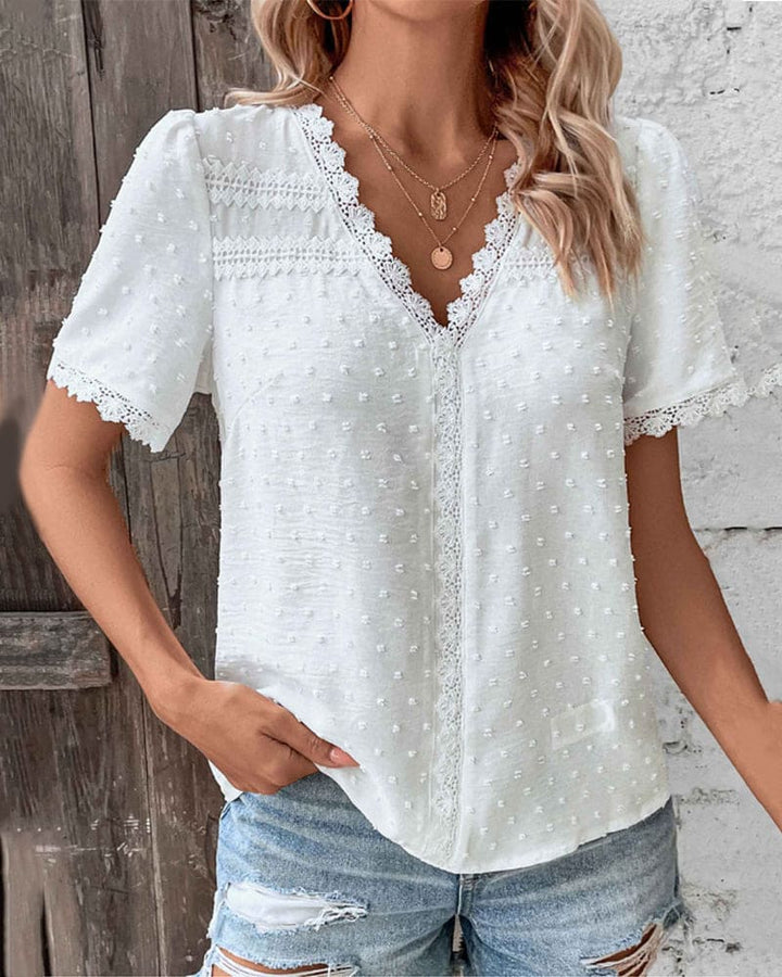 Blouse Femme Col V Dentelle Manches Courtes