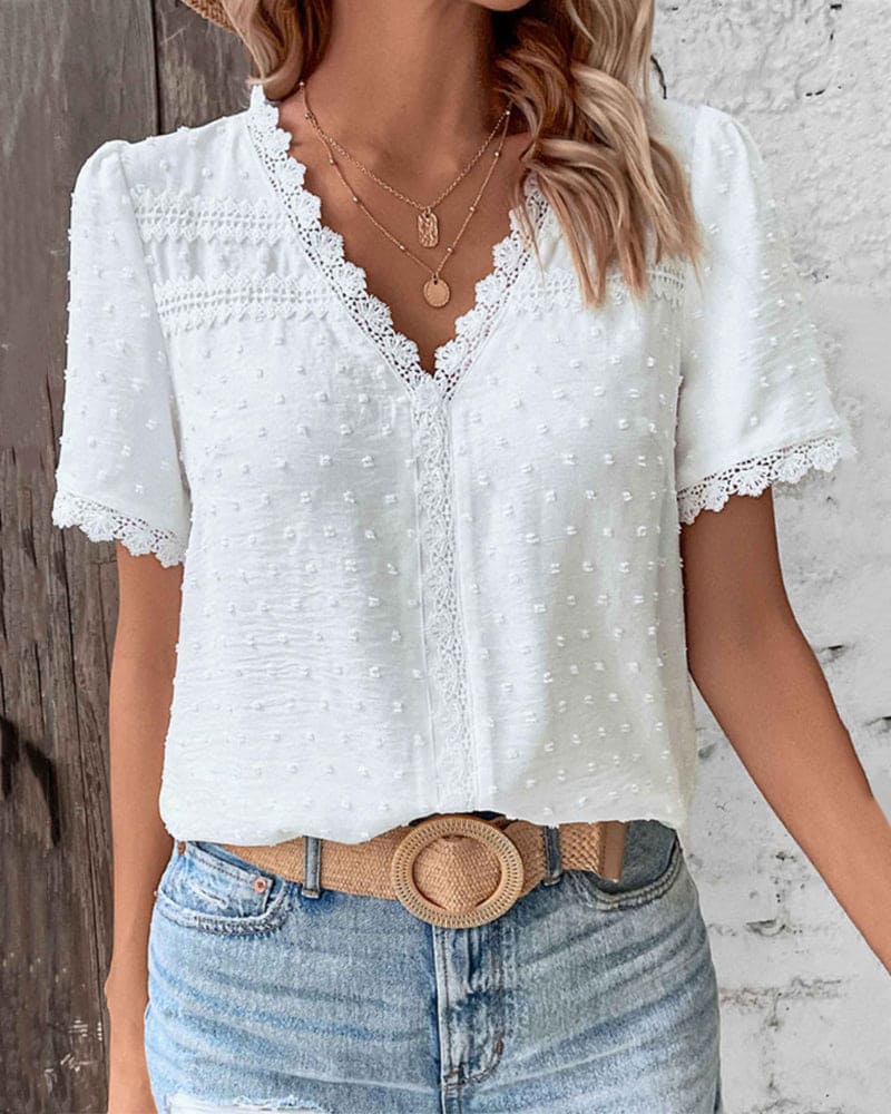 Blouse Femme Col V Dentelle Manches Courtes