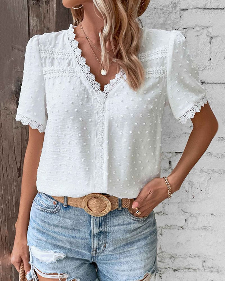 Blouse Femme Col V Dentelle Manches Courtes