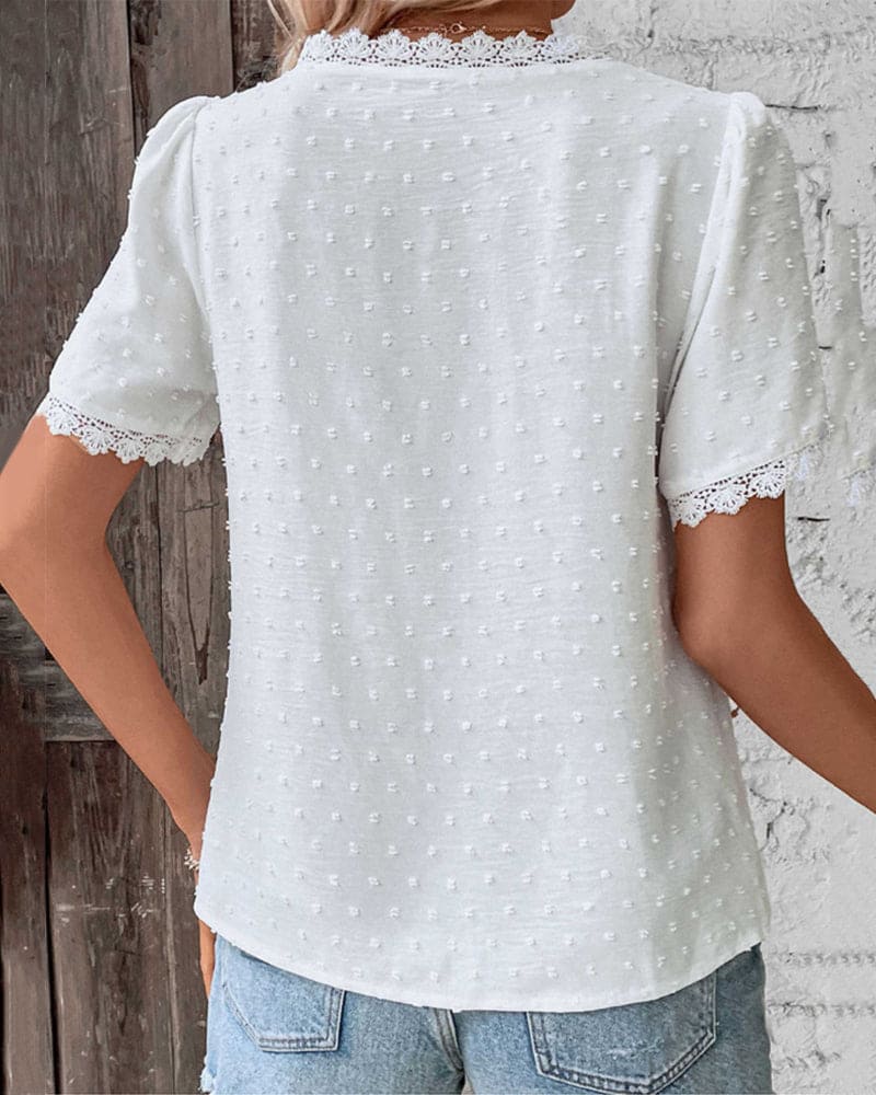Blouse Femme Col V Dentelle Manches Courtes