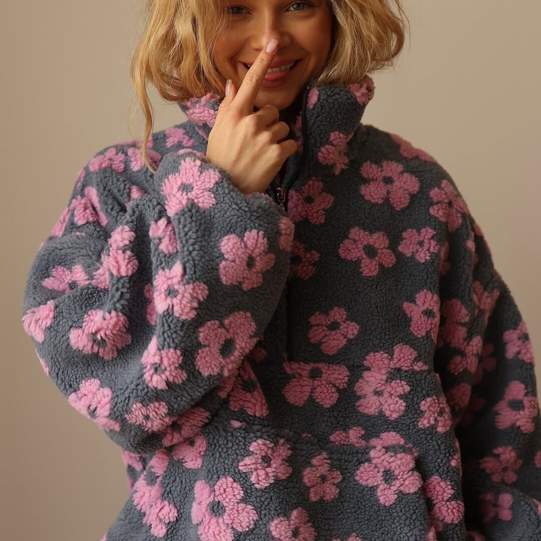 Blomstret oversized fleecevest for kvinner