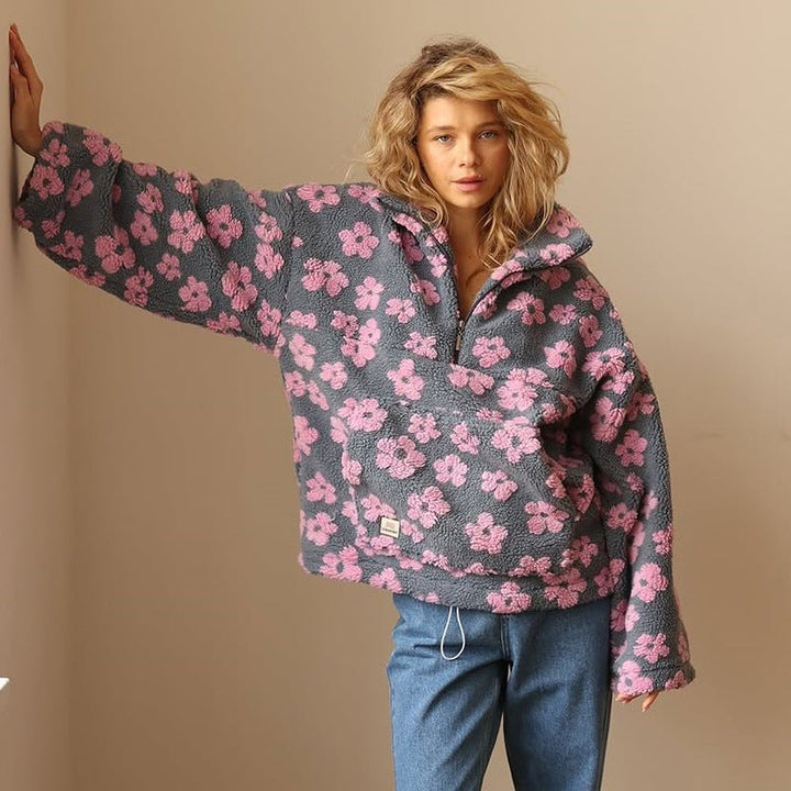 Blomstret oversized fleecevest for kvinner