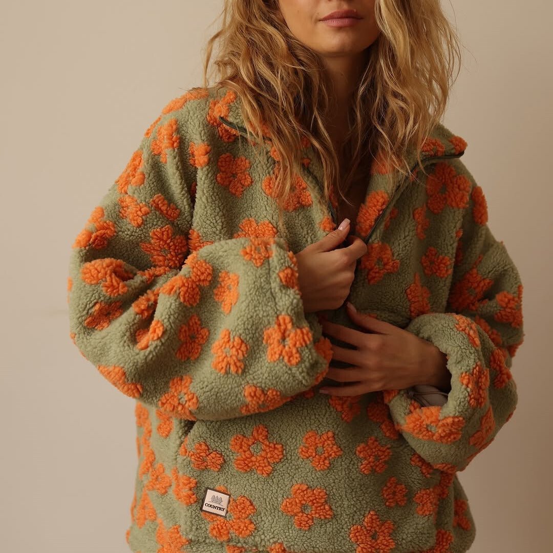 Blomstret oversized fleecevest for kvinner