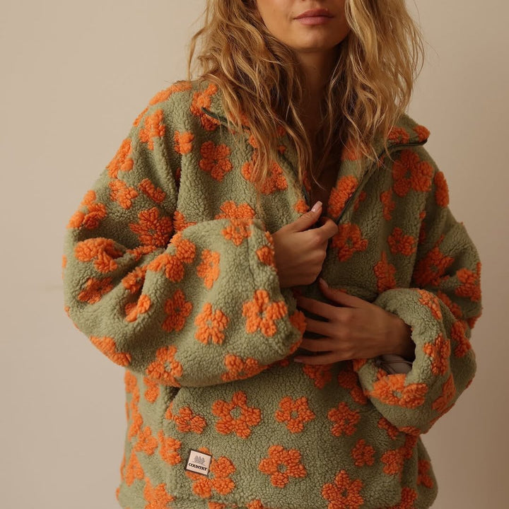 Blomstret oversized fleecevest for kvinner