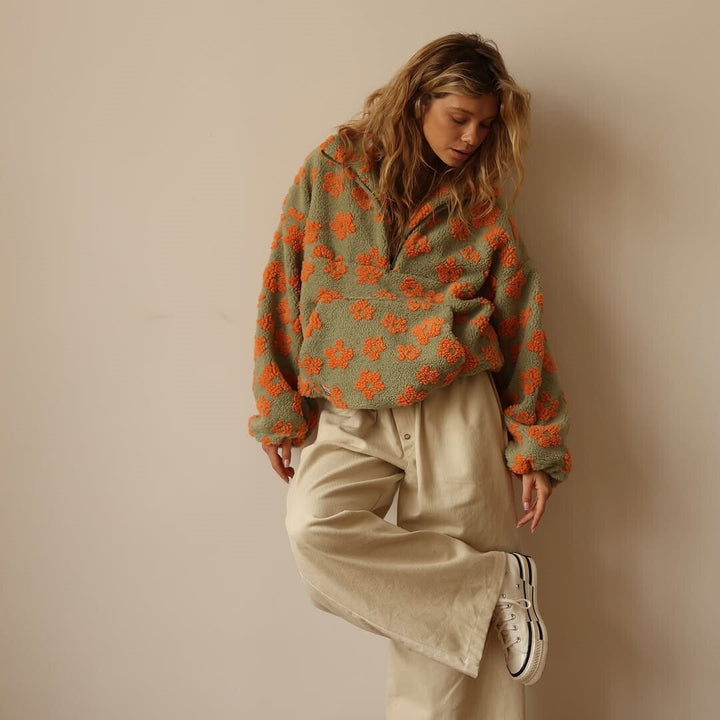 Blomstret oversized fleecevest for kvinner