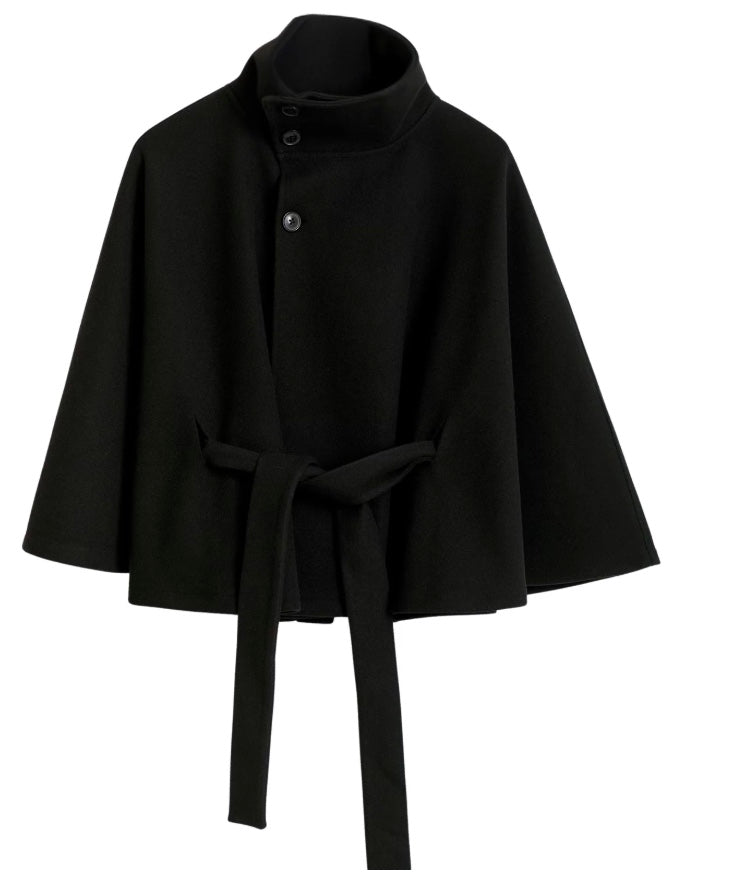 Belted cape coat with a stand-up collar for women
