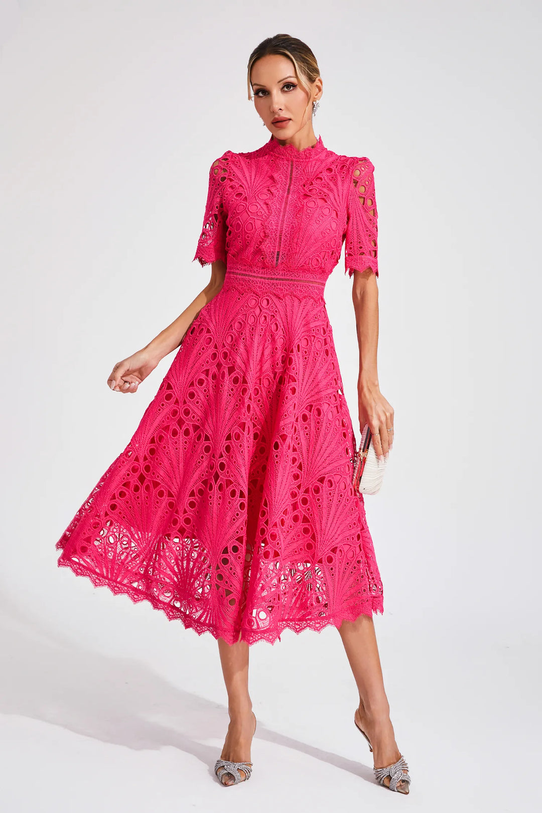 Robe Midi Dentelle Femme Col Bénitier