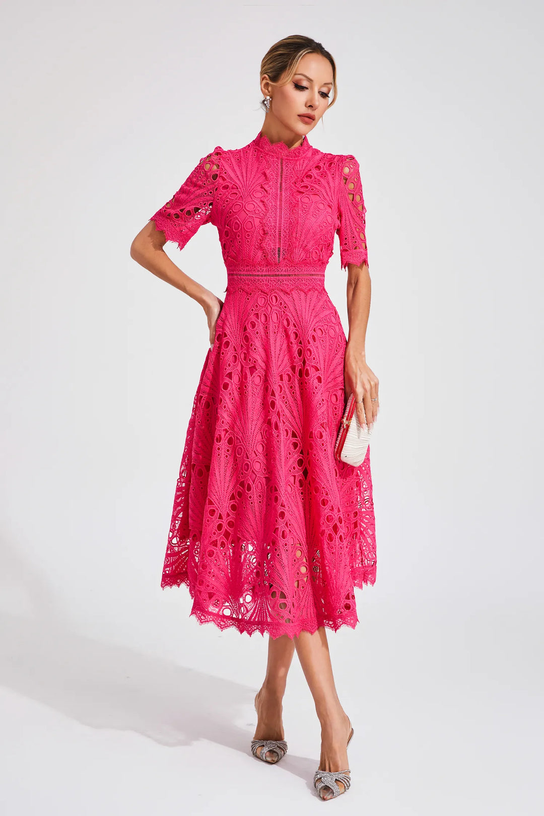 Robe Midi Dentelle Femme Col Bénitier