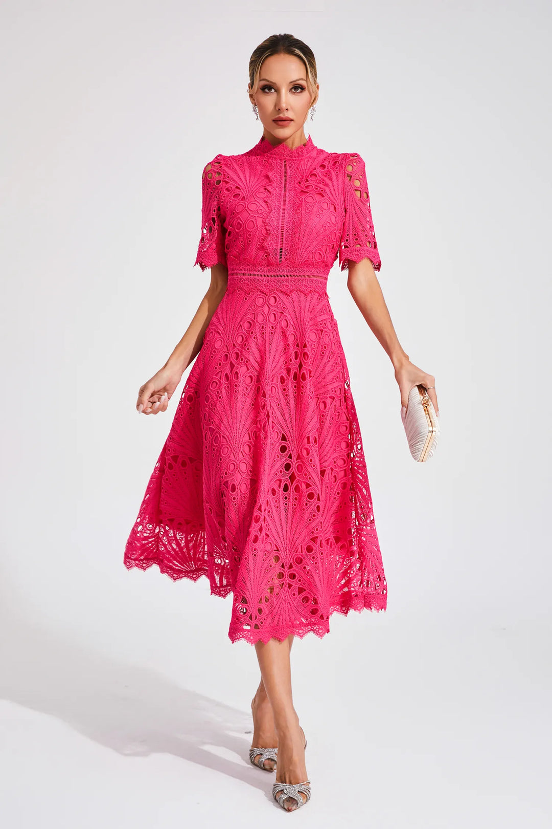 Robe Midi Dentelle Femme Col Bénitier