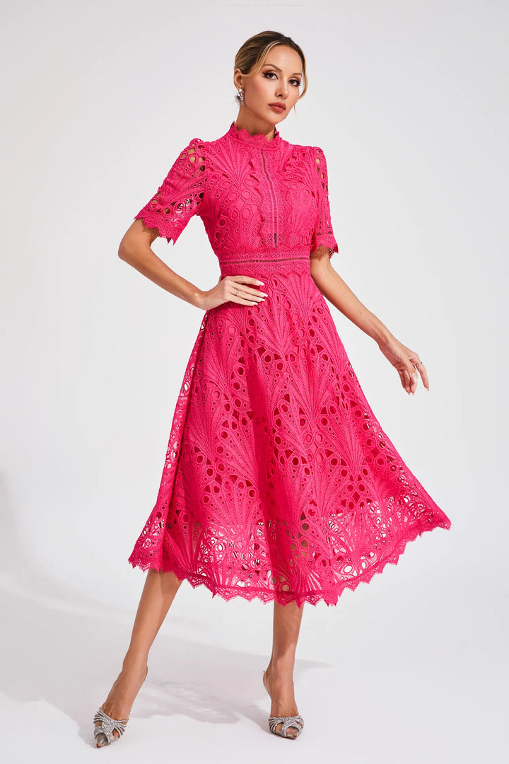 Robe Midi Dentelle Femme Col Bénitier