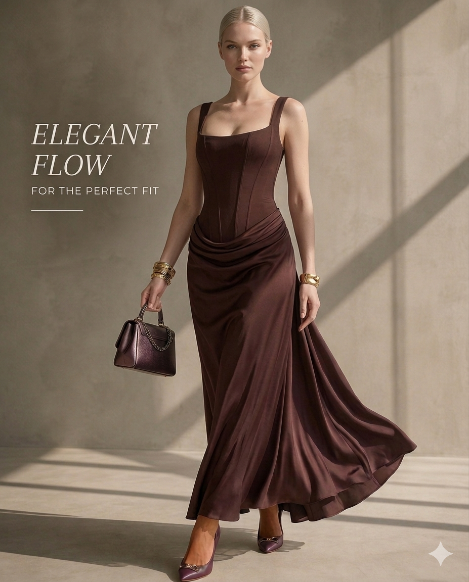 Robe longue col carré taille drapée pour femme