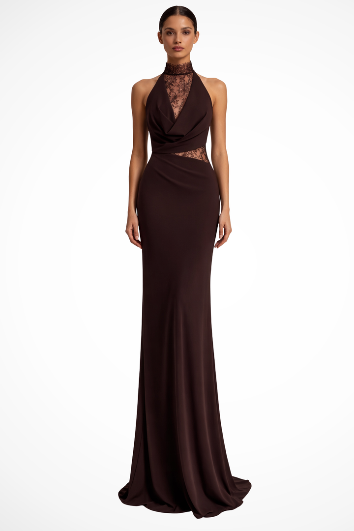 Robe Longue Femme Col Halter Dentelle Soirée