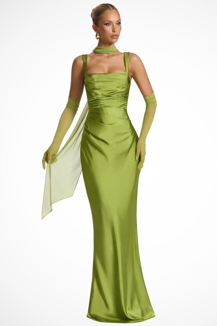 Robe de Soirée Satin Femme Col Carré
