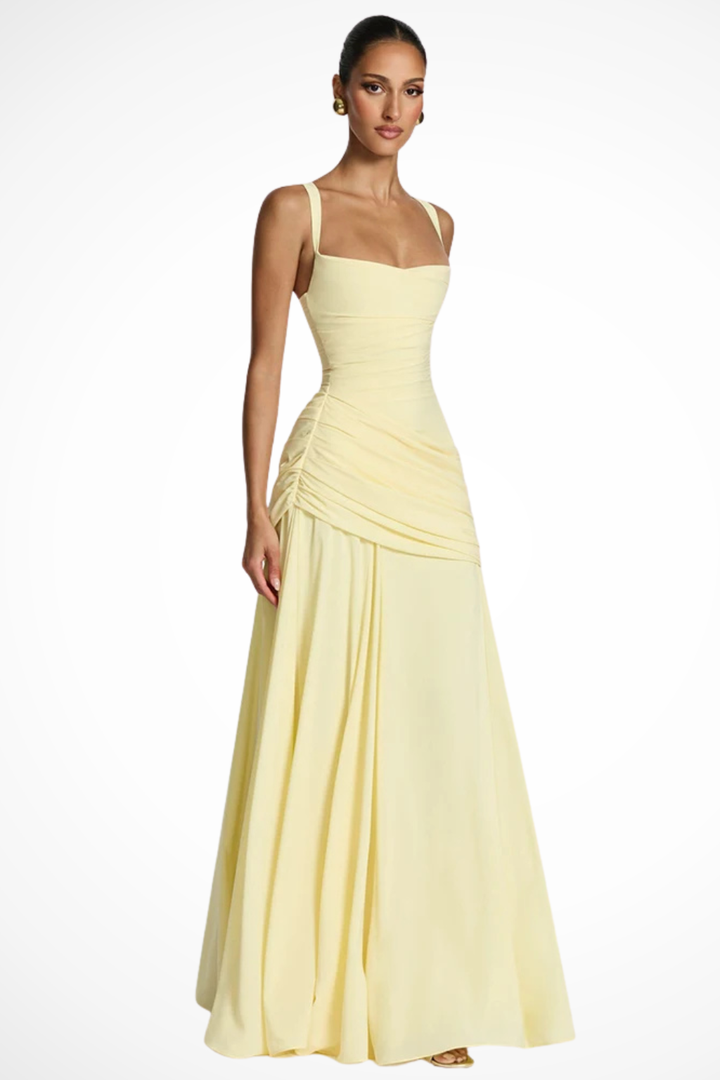 Robe de Soirée Femme Col Carré Froncé Évasée