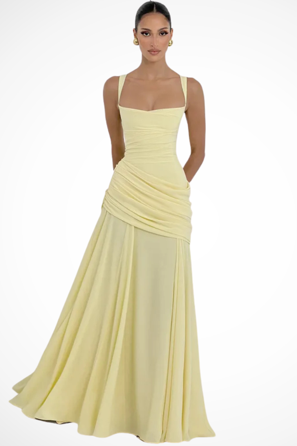 Robe de Soirée Femme Col Carré Froncé Évasée