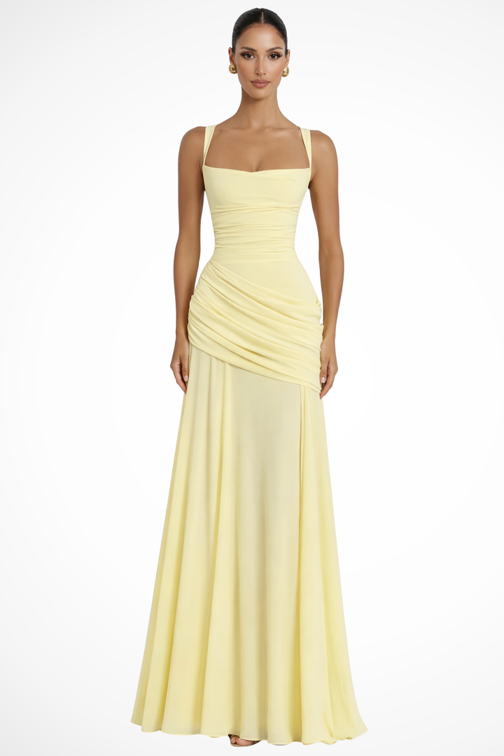 Robe de Soirée Femme Col Carré Froncé Évasée
