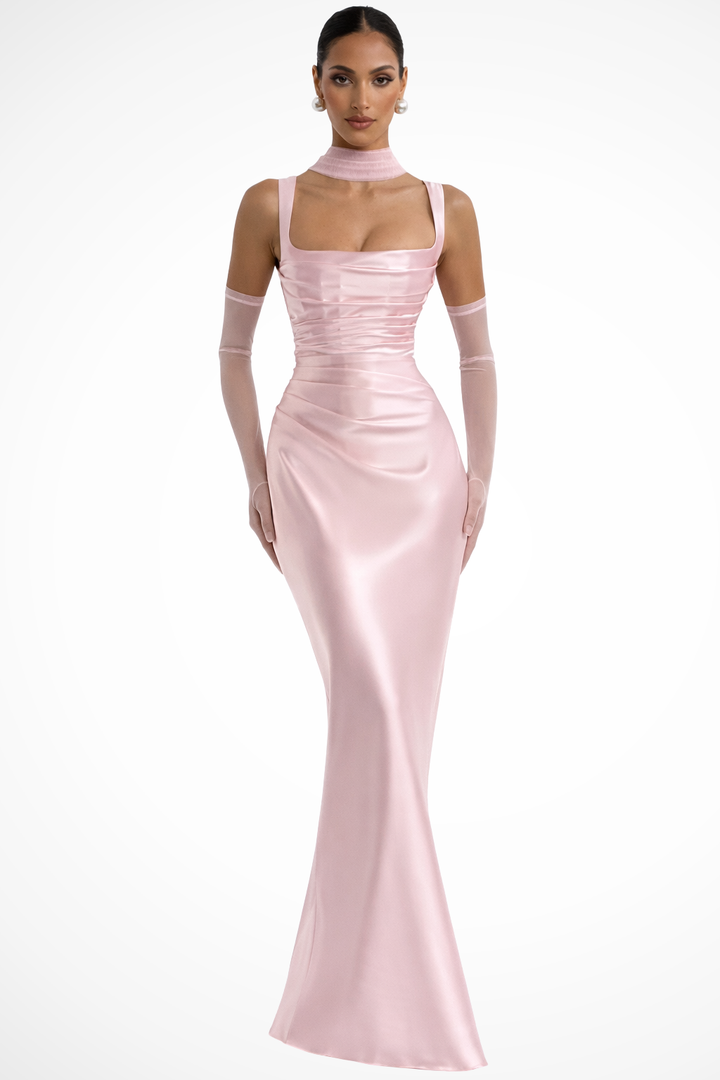 Robe de Soirée Satin Femme Col Carré